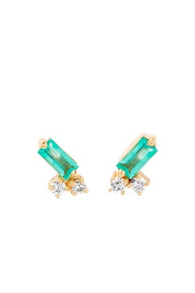 Fireworks Studs, 18K Yellow Gold with Emerald & Double Diamonds